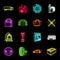 Car, lift, pump and other equipment neon icons in set collection for design. Car maintenance station vector symbol stock