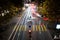 Car light trails long exposure traffic in busy street junction at night in Zurich Switzerland