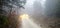 Car with lights driving trough forest in fog