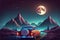 Car with luggage on roof drive on road to mountains on horizon at night. cartoon illustration of landscape with highway, rocks,