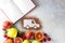 Car made of cocoa powder and citrus fruits on a light background. Online shopping. Healthy nutrition, strengthening immunity. The