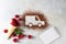 Car made of cocoa powder and raspberries on a light background. Online shopping. The concept of delivery services, logistics,