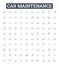 Car maintenance vector line icons set. Servicing, Repair, Tune-up, Oil, Tires, Brakes, Alignment illustration outline