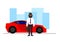 car. man gave his girlfriend a sports car. vector icon in flat style