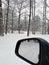 Car mirror with winter woods reflection