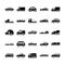 Car model construction passenger public service transport vehicle silhouette style icons set design