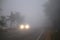 Car moving through a foggy forest road.