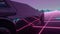 Car in neon cyberpunk style. 80s retrowave background animation. Retro futuristic car drive through neon city