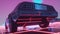 Car in neon cyberpunk style. 80s retrowave background. Retro futuristic car drive through neon city. 3d rendering