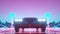 Car in neon cyberpunk style. Retro futuristic car drive through neon city. 3d rendering