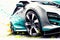 a car painted in blue and white with a splash of paint on the front of it\\\'s wheels and tires, with a