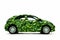 Car painted with green leaves on a white background, concept of eco-friendly transport