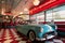 A car is parked inside a bustling diner, surrounded by tables and customers enjoying their meals, A vintage sports car parked in a