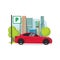 Car parked near city vector illustration, flat cartoon parking lot and road sign