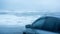 Car Parked Near To Extreme Stormy Sea Slow Motion