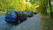 Car parking on city road. Yellow dry fallen leaves on asphalt. Golden autumn street. Driving. Protection auto. Fall. Tree. Green