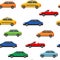 Car pattern. Road traffic print. Auto toy track with vehicles. Taxi cab. Cabriolet or crossover. Cartoon bus and