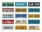 Car plates. Aluminum embossed retro auto numbers, metal licence identifications, color vehicle number combinations. Tags