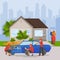 Car polishing service near home vector illustration. Hired team of workers men polishing to shine automobile for elderly