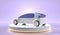 Car presentation, vehicle standing on round glow podium. New futuristic automobile, electric or hydrogen auto in