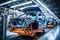 Car production line. Assembling a car on a conveyor belt. Close-up of a car body. Automotive industry Interior of a high-tech