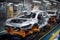 Car production line features automated robots expertly assembling vehicles