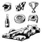 Car race icons set. Helmet, wheel, tire, speedometer, cup, flag, Vector flat illustration on white background.