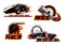 Car races, motor speed racing, auto engine icons