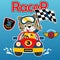 Car racing cartoon with happy racer