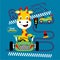 Car racing and giraffe funny animal cartoon