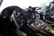 Car racing steering wheel in Mercedes AMG GT car cockpit detail no people