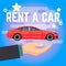 Car rent vector illustration. Hand with flat-style red car on blue background