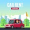 Car rental poster concept. Cartoon-style vector girl on red car