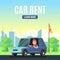 Car rental poster concept. Cartoon-style vector young man on blue car on pastoral background