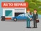 Car repair auto service, mechanics in uniform and customer shaking hands flat vector illustration