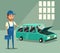 Car repair. Funny mechanic. Vector cartoon illustration