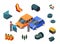 Car repair. Isometric car parts vector concept. Autos, tires, door, gas tank, battery and mechanics