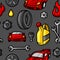 Car repair seamless pattern with service objects and items