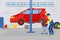 Car Repair Service, Auto Mechanic Character Changing Wheel in Red Car Lifted on Autolifts Vector Illustration