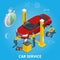 Car repair service center. Tire service flat set with shop car repair mechanics