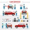 Car repair service flat vector illustration. Infographic elements. People repairing cars and make tuning. Changing a