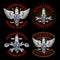 Car repair service, spark plug with wings set of four vector emblems, logos, badges, labels, stickers in colored vintage