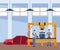 Car repair shop scenery with mechanics working on machine and car body
