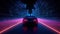 Car ride on the neon road in 80s retro synthwave style. Generated AI.