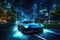 Car on the road with city in the background. 3d rendering, Car navigating the city roads at night, 3D rendering, AI Generated