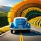 Car on the road and sunflowers