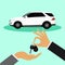 Car sale. Buying a car. Handing over the car keys to the buyer. Flat design