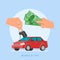 Car sale vector illustration. Customer buying automobile from dealer concept. Salesman giving key to new owner.