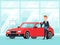 Car salesman in dealer showroom. New cars sales, happy seller shows premium vehicle to buyer cartoon concept illustration