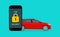 Car security. Lock of security on vehicle. Guard of auto against theft in mobile app. Icon of safety of car. Badge for anti theft